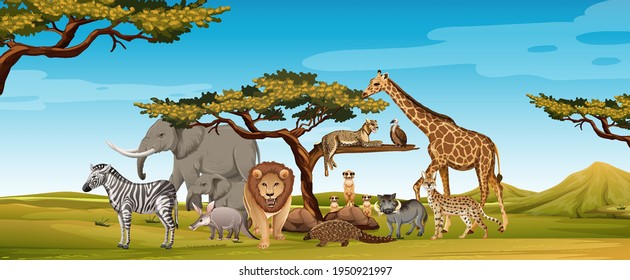 Group Of Wild African Animal In The Zoo Scene Illustration