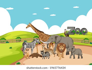 Group of wild african animal in the zoo scene illustration