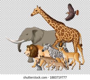 Group of wild african animals on transparent background illustration