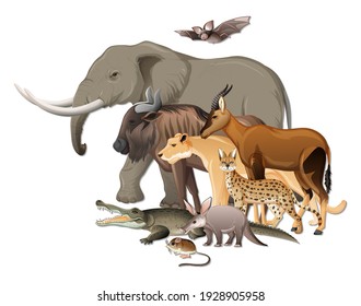 Group of wild African animals on white background illustration