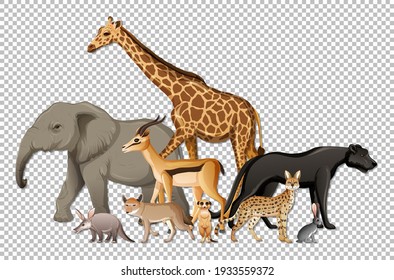 Group of wild african animals on transparent background illustration