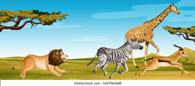 Group Of Wild African Animals Running In The Savannah Field Illustration