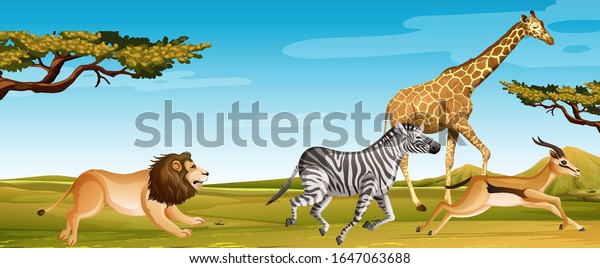 サバンナの野原イラストを走る野生のアフリカの動物のグループ のベクター画像素材 ロイヤリティフリー