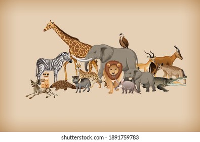 Grupo de animales salvajes sobre la ilustración de fondo