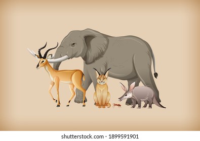 Group of wild animal on background illustration