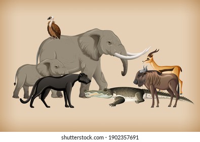 Group of wild animal on background illustration