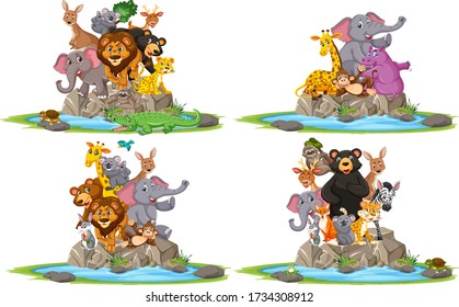 Group of wild animal posing on stone cartoon character on white background illustration