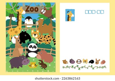 Group of wild animals Cute animal set with farm and wild character postcard