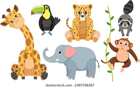 A group of wild animals depicted in a simple cartoon illustration
