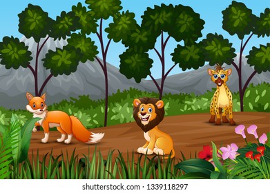 Group of wild animals gathering on the fringe of forest
