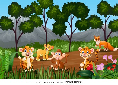 Group of wild animals gathering on the fringe of forest