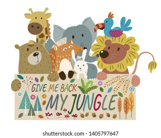 Group of wild animals holding banner. Cute wild animals vector illustration. Animals cartoon lion, bear, bird, giraffe, bunny, fox, and elephant.