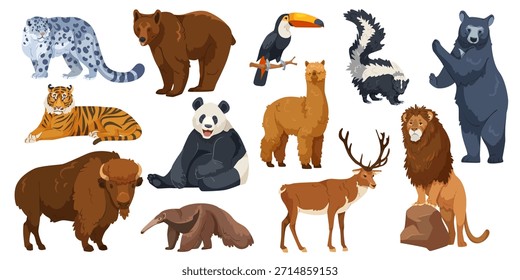Gruppe wilder Tiere, darunter Bär, Tiger, Panda, Löwe, Alpaka und mehr im Cartoon-Stil auf weißem Hintergrund. Konzept der Artenvielfalt. Vektorgrafik