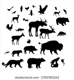 Group of wild animals including bear moose deer buffalo wild boar birds and reptiles in black isolated silhouette set.