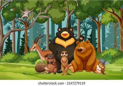 Group of wild animals in nature forest scene illustration