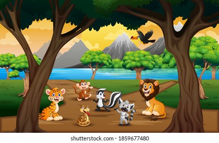 Group of wild animals in the nature landscape