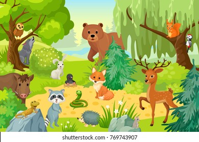 Group of wild animals on the fringe of the forest. Vector illustration in a cartoon style.