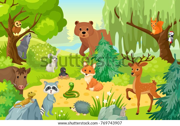 Group Wild Animals On Fringe Forest Stock Vector (Royalty Free) 769743907