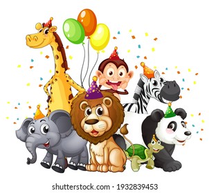 Group of wild animals with party theme isolated on white background illustration