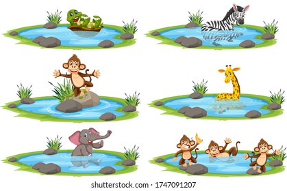 Group of wild animals in pond cartoon character on white background illustration