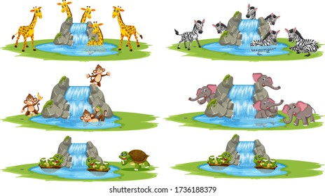 Group of wild animals and small waterfall cartoon character on white background illustration