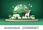 Group of wild animals surrounding Earth globe in paper cut green nature setting.