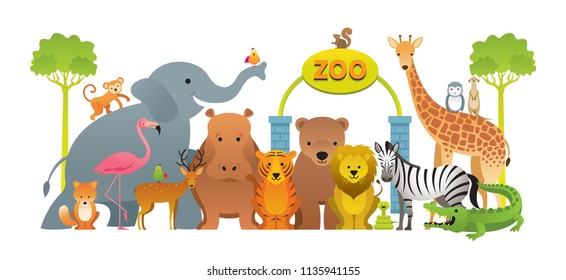Group of Wild Animals, Zoo, Entrance Sign, Kids and Cute Cartoon Style