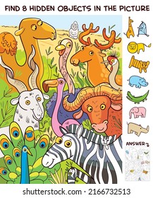 Group wild animals in the zoo  Find 8 hidden objects in the picture  Puzzle Hidden Items  Funny cartoon character  Vector illustration