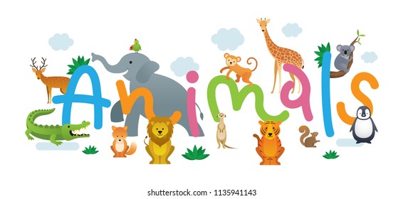 Group of Wild Animals, Zoo, Kids and Cute Cartoon Style