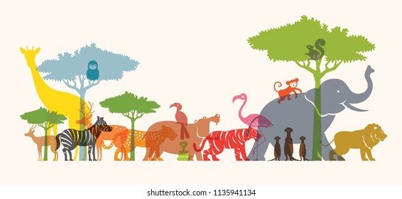 Group of Wild Animals, Zoo, Silhouette, Colourful Shape Flat Design