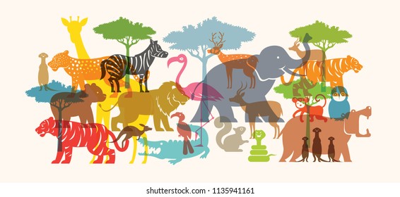 Group of Wild Animals, Zoo, Silhouette, Colourful Shape Flat Design