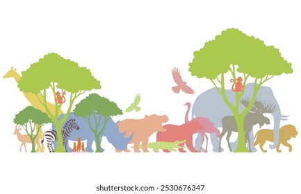 Group of wild animals,silhouette, zoo, illustration on white bakground.