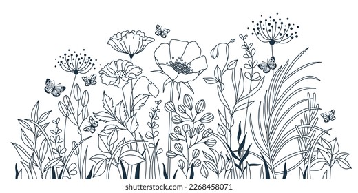 Gruppe von Wildblumen, Kräuter, Blumen, Pflanzen und Schmetterlingen, die rund fliegen. Outline Style Full Vector Illustration. 