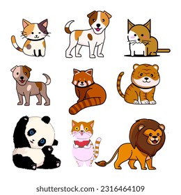 Group of wildlife zoo animal icon character vector illustration. Cat, dog, raccoon, panda, tiger, lion. isolated on white background.