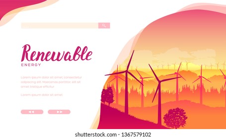 Group of wind turbines using for produce electricity. Wind farm, park during sunset or sunrise on nature background. Vector concept of renewable energy for landing page, website. Place for text.