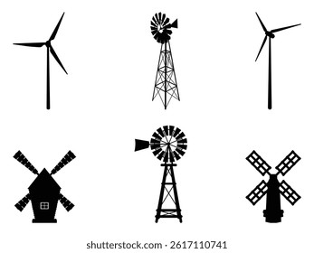 Group of  Windmill Farm Silhouette isolated white background. Vector Illustration