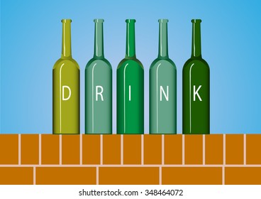 Group of wine bottle,beer bottle on red brick wall backgrounds