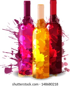 Group of wine bottles with grunge splashes. Red, rose and white.