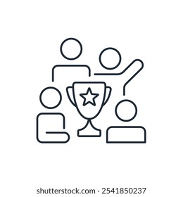 A group of winners with a cup. Vector linear illustration, icon isolated on white background.