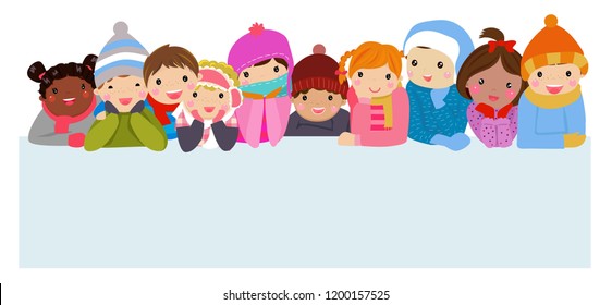 Group of winter children and banner