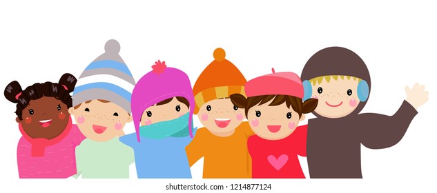 Group of winter children and banner