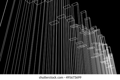 Group of wireframe columns of random height. 3D perspective projection view. Massif of frame blocks on black background. White edges. Editable stroke width. Abstract vector geometric design.