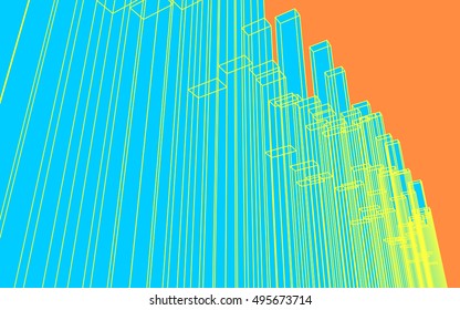 Group of wireframe columns of random height. 3D perspective projection view. Blue massif of blocks on orange background. Yellow edges. Editable stroke width. Abstract vector geometric design.