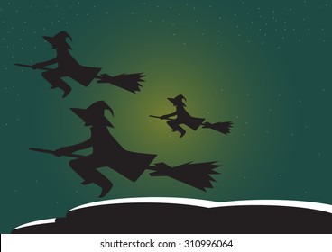 group of witch flying with moon at night, halloween background theme in Vector