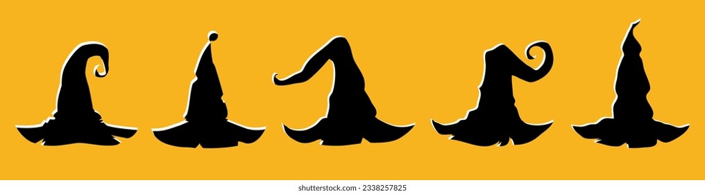 Group of witch hats silhouettes, Halloween decoration, vector design elements, spooky graphic decorations.