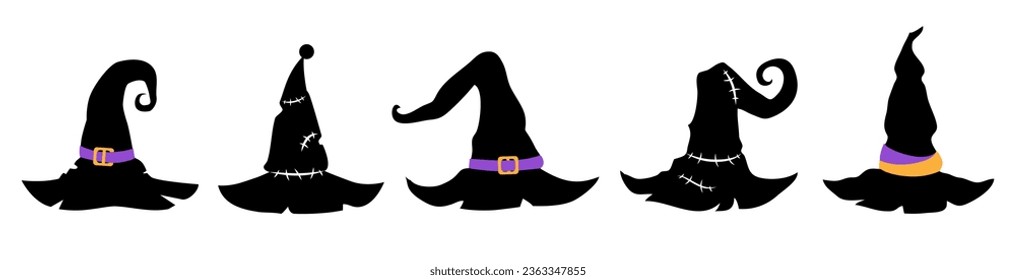 Group of witch hats silhouettes, Halloween decoration, vector design elements, spooky graphic decorations.