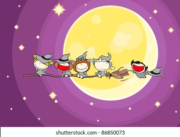 Group of witches flying in a halloween night