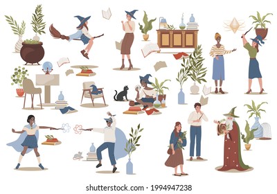 Group of wizards and witches practicing magic vector flat illustration isolated on white background. Women flying on broomsticks and conjuring, men casting spells. Witchcraft courses concept.