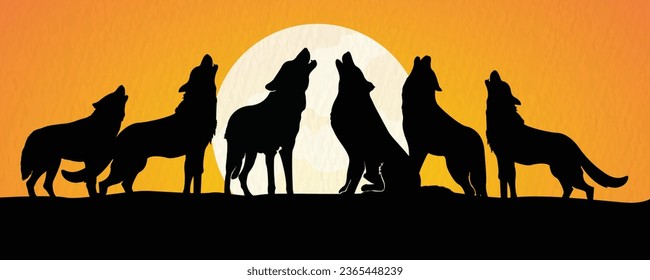 Group of Wolf standing on cliff and howling at moon isolated on evening background 