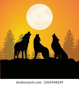 Group of Wolf standing on cliff and howling at moon isolated on evening background 